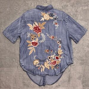 Kyla Seo Embroidered Floral Denim Shirt Womens S Tencel Button Up Boho Western